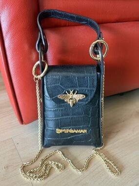 PERSAMAN New York Black Croc-Embossed Crossbody with Gold Bee